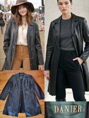 Vintage Danier Genuine Leather Fitted Jacket Coat Contrast Stitching Black